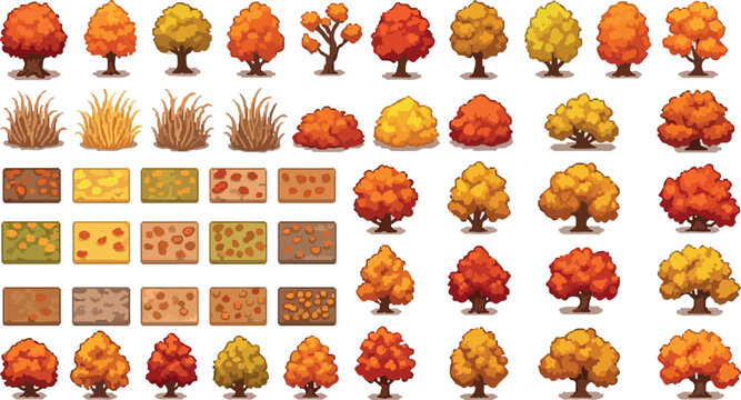 Autumn pixel art tree collection, 2D game environment assets with fall foliage, orange and yellow deciduous trees and bushes, isometric nature sprites