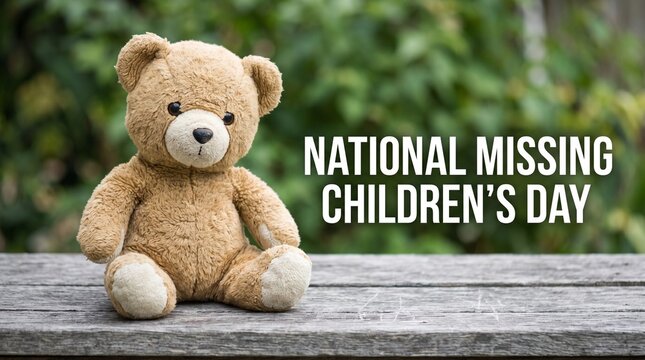 Teddy bear on bench for National Missing Children's Day