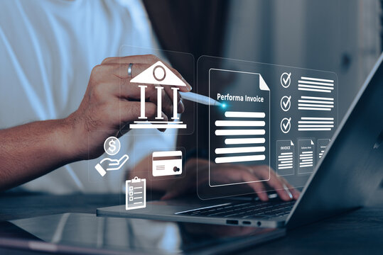 Business professional managing online proforma invoices and digital banking through a laptop interface, representing modern fintech and electronic payment systems.