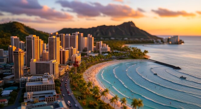Waikiki Beach and Honolulu Skyline at Sunset with Diamond Head.