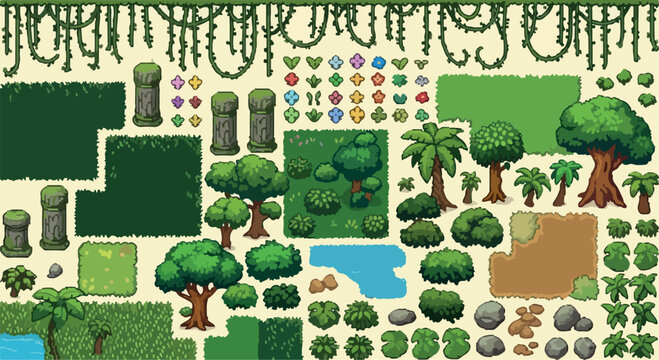 Pixel art jungle game assets, retro 8-bit forest environment tileset, tropical nature elements for video game design, 2D platformer level kit