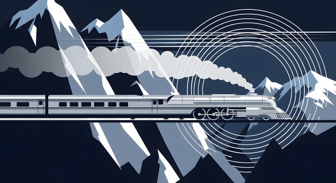 Streamlined locomotive train traveling through snowy mountains at night