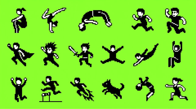 Pixel Art Character Sprite Sheet with Various Action Poses and Movements