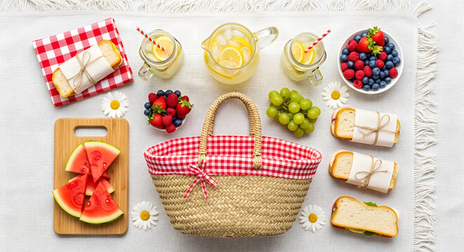 Summer picnic flat lay with basket sandwiches and fresh fruit