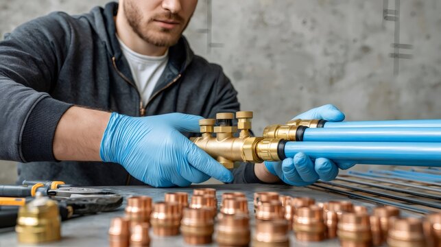Plumber working on modern underfloor heating manifold