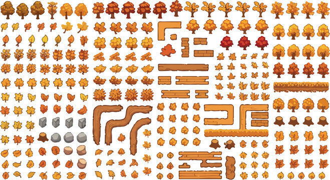 Pixel art autumn forest game assets, retro 8-bit style fall trees and foliage collection, orange and brown nature environment sprites for game design