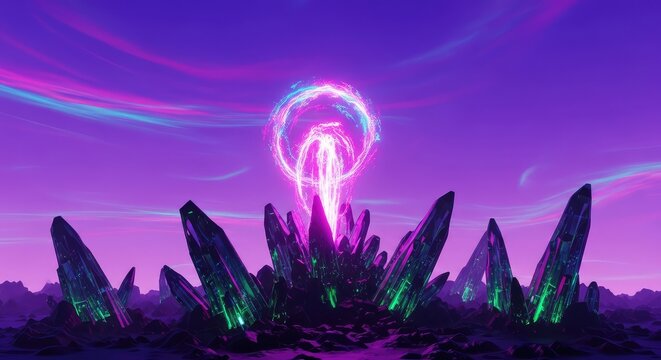A vibrant alien horizon shines under a violet sky where a luminous form made of burning neon light rises above crystalline rock structures, luminescence, purple, sparks