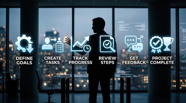 Project Management Success Business Strategy Workflow Goals Tracking Completion & Team Collaboration Concepts