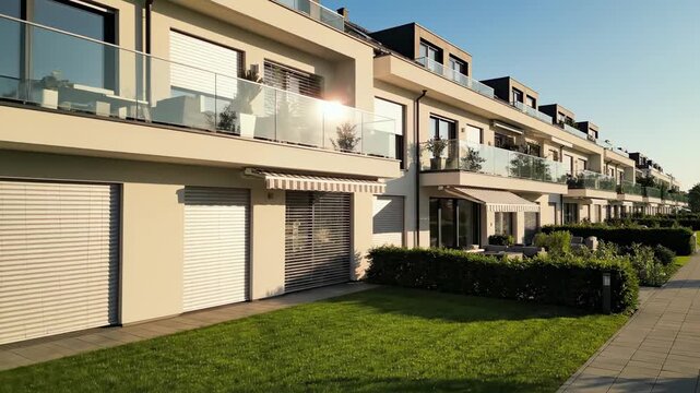 Sunlit Suburban Townhouses With Manicured Lawns And Glass Balconies, Paved Sidewalk And Driveways, Shutters Closed On Ground Floors, Tranquil Residential Street Under Warm Morning Light.