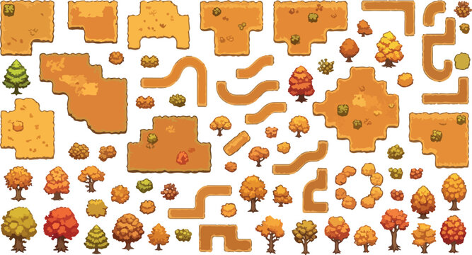 Pixel art game assets, autumn landscape tileset with orange trees and dirt paths, retro 2D platformer environment elements, vector game map kit