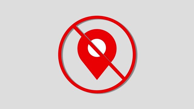 No location sign animation: prohibited gps map pin symbol for restricted areas and privacy gps location services