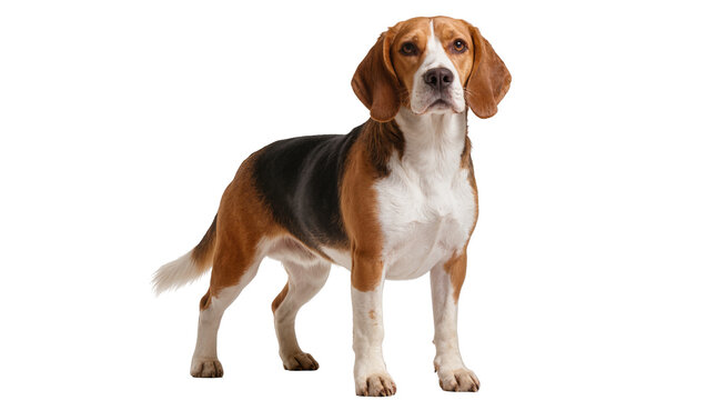 Tri-color Beagle dog standing alertly, isolated on transparent background