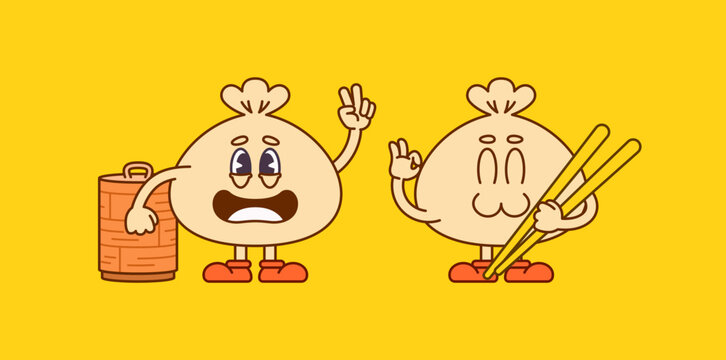 Adorable dumpling characters holding a steamer basket and chopsticks in playful cartoon style. perfect for food, asian cuisine, mascot, and fun branding visual