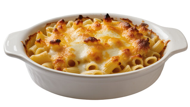Golden baked penne pasta with melted cheese in a white dish, isolated on transparent background