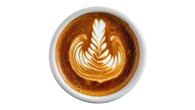 White ceramic cup with latte art foam pattern, isolated on transparent background
