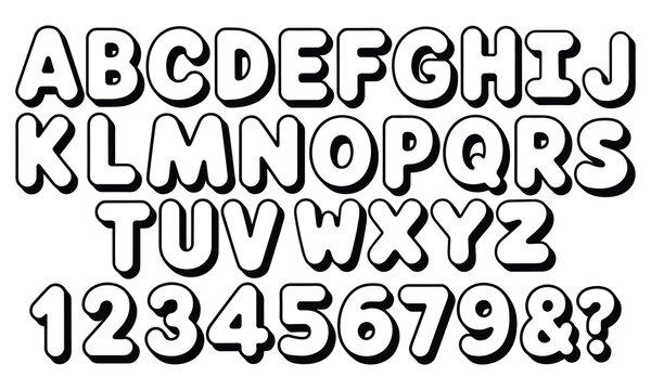 Cartoon bubble font alphabet set with numbers and punctuation playful rounded letters typography design