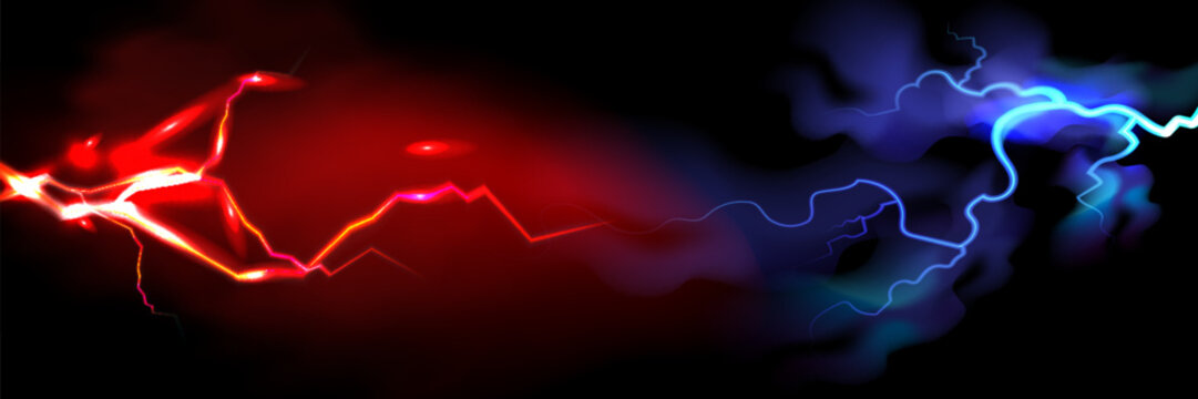 Versus banner. Lightning strikes. Confrontation template, vs battle or fight concept. Red and blue colors. Flash light thunderbolt spark. Realistic transparent neon light.