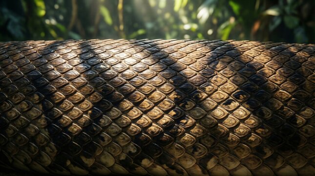 Macro texture of brown snake scales in a sunlit jungle environment