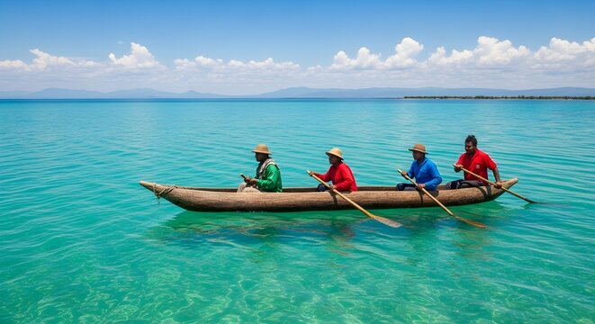 Four people paddle a traditional outrigger canoe on clear turquoise waters under a blue sky.