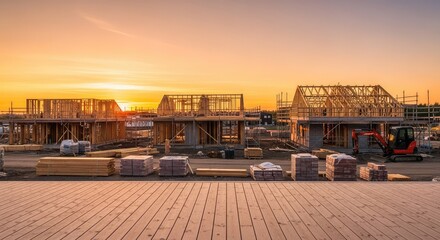Fototapeta premium An expansive wooden deck provides a panoramic view of a residential construction site illuminated by the warm, amber glow of golden hour, investment, planks, evening