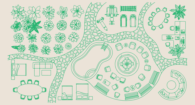 Garden pathway landscape plan, architectural site map icons, green park layout symbols, landscape design floor plan, outdoor walkway spatial doodles, backyard garden mapping elements, residential land