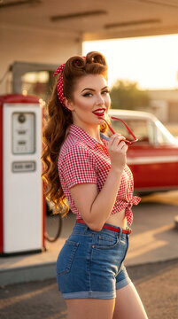 pretty woman at a gas station, pinup style