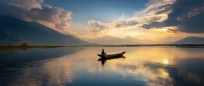 Fisherman rows a small wooden boat across a calm lake, surrounded by layered mountain silhouettes glowing in warm sunrise light. 