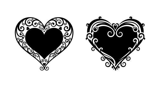 Decorative heart shapes with ornate swirls black silhouette