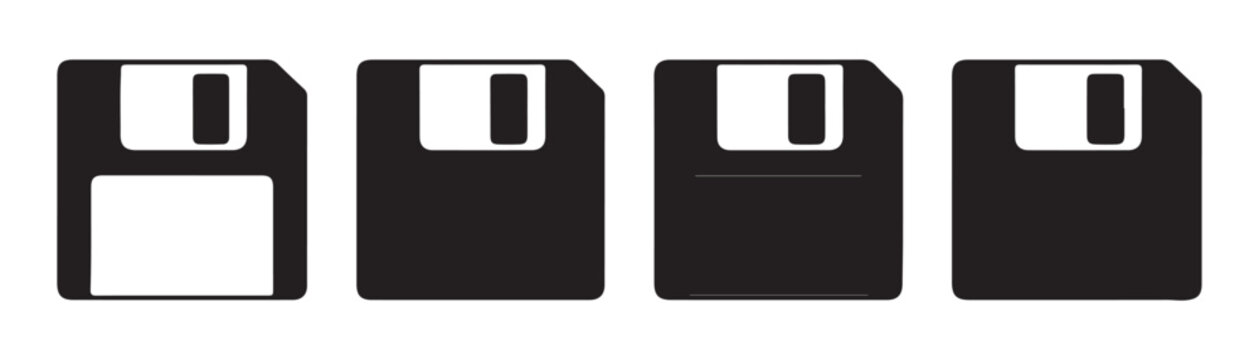 Set of vintage floppy disk icons, retro data storage symbols for digital technology and computer history.
