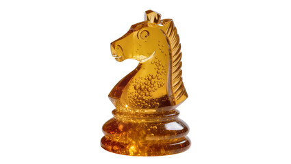 Amber glass chess knight piece with internal bubbles, isolated on transparent background © Finn