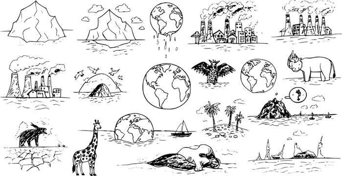 Hand-drawn set of environmental issues and nature conservation doodles, including melting ice, air pollution, climate change impacts, and endangered wildlife.