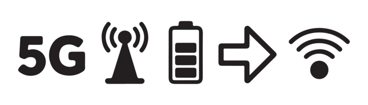 Universal communication icons collection including mobile 5g signal cellular tower battery and wireless symbols.