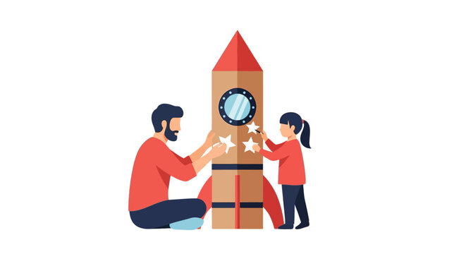 Father and daughter building a paper rocket craft together