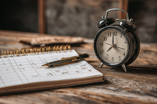 Time management. Working out schedule. Alarm clock and calendar on wood table