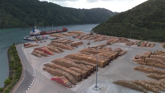 Aerial of Picton Log Port and Bulk Carrier Ship