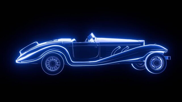 futuristic hologram classic car wireframe rotating in digital space 3D render