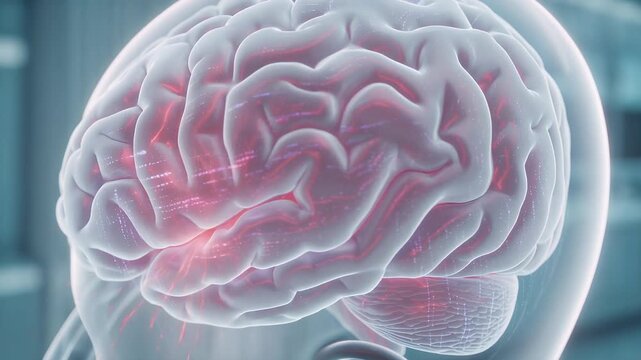 Detailed translucent human brain illustration with glowing red areas indicating neural activity.