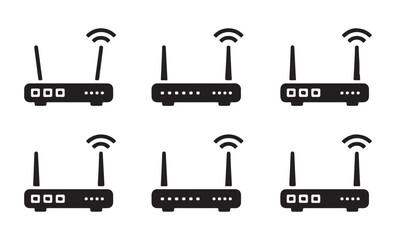 Obraz premium Set of black wireless internet router icons isolated on gray background representing modern network connectivity gear.