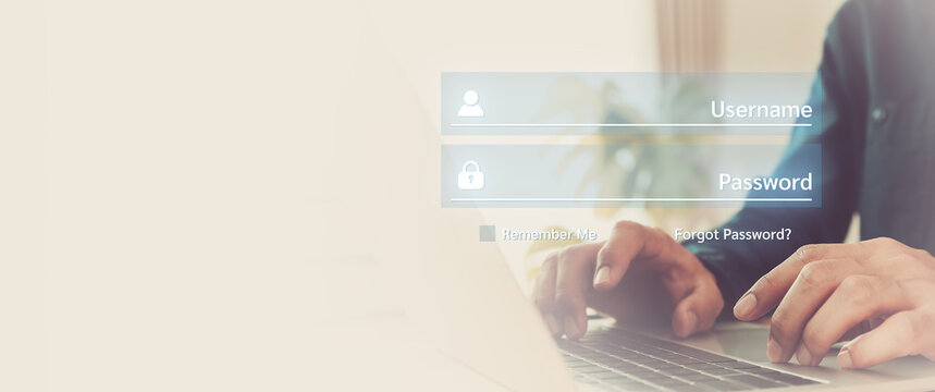 Human hand touchscreen login username and password for identity or sign-up register of cyber security internet access join social or personal data protection or forget pass key unlock.