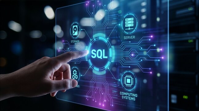 Hand touching sql interface on a digital screen representing database management and data processing. SQL