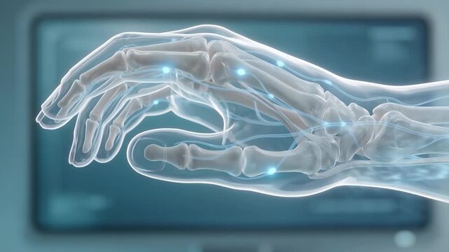 Detailed 3D rendering of a human hand's skeletal structure with glowing joint indicators on a medical display background.
