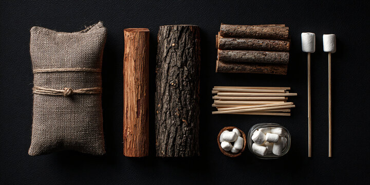 Campfire Kit with Matches Firestarter and Logs on Black Surface