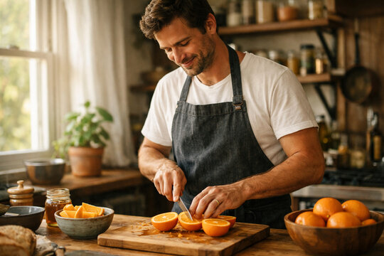 Male chef half body preparing fresh oranges, slicing and arranging, modern kitchen background