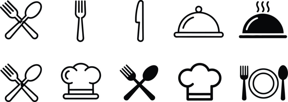Fork, cutlery icon collection including spoon, knife, plate, chef hat, and serving cloche in clean line and flat vector style perfect for restaurant signs, catering services, and culinary themed graph