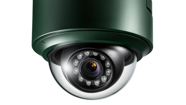 Dark green dome security camera with infrared LEDs, isolated on transparent background