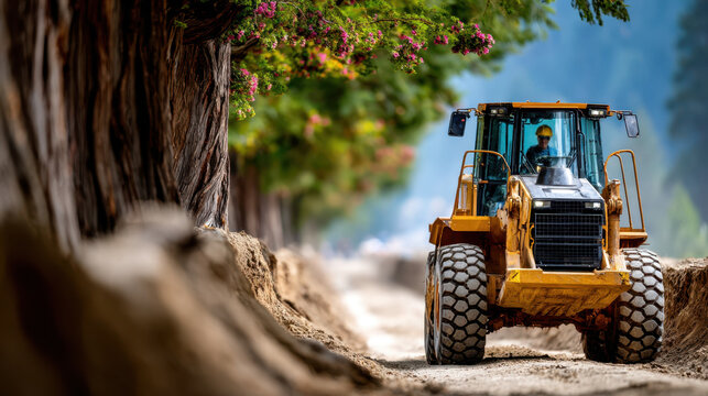 Heavy grader clearing a wide firebreak trench through forest soil for wildfire prevention and land management background