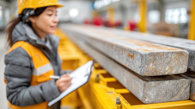 Maintenance inspection of idle conveyor with worker in hard hat checking metal slabs for industrial safety and equipment audit background