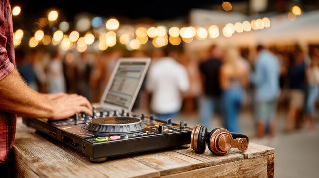 Dj controller on wooden table at outdoor party with headphones for event banner and music background