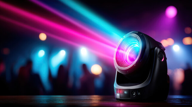 Moving head stage light casting pink and teal beams across a club dance floor for concert promotion poster and nightclub event advertising, colorful party lighting for dj and live show banners