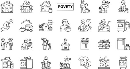 Fototapeta premium Poverty Line Icons Set. Vector Outline Symbols of Homelessness, Hunger, Social Problems, and Hardship. Editable Stroke Pack for Poor People and Lack of Resources.
